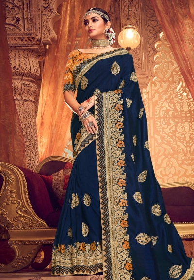 Navy blue satin festival wear saree  1903